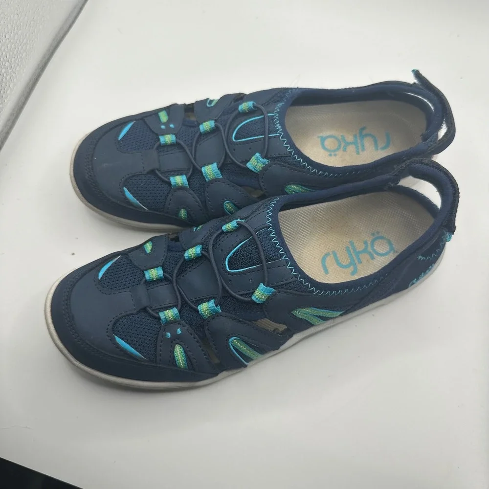 Ryka Hula Navy Blue Teal Walking Sandals Water Shoes Womens 7M Bungee Strap